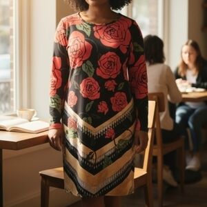 LuLuRoe Womens Size Large Long Sleeve Debbie Style Dress With Rose Pattern